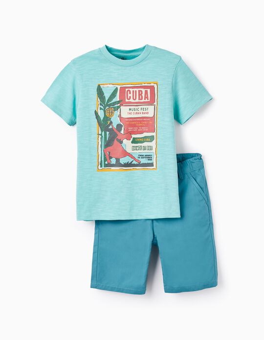 Comprar Online T-shirt + Calções para Menino 'Cuba', Azul/Verde Água