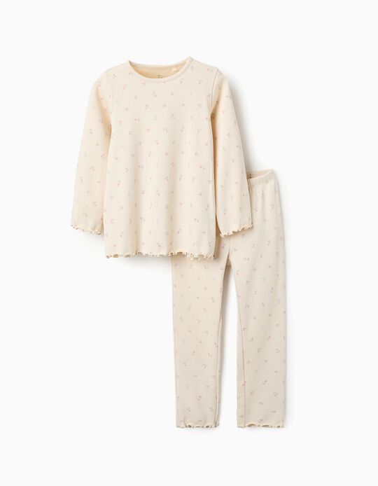 Buy Online Ribbed Floral Pyjama for Girls, Beige