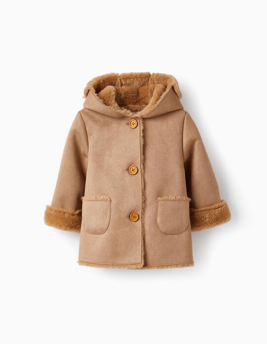 Coat in Suedette and Faux Fur for Baby Girls, Camel