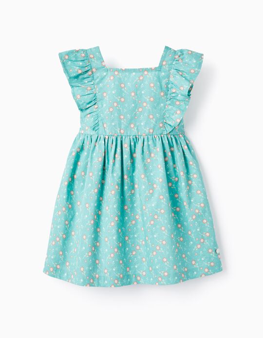 Floral Cotton Dress for Baby Girls, Aqua Green