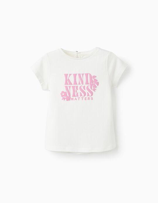 T-Shirt de Manga Curta para Bebé Menina 'Kindness Matters', Branco/Rosa