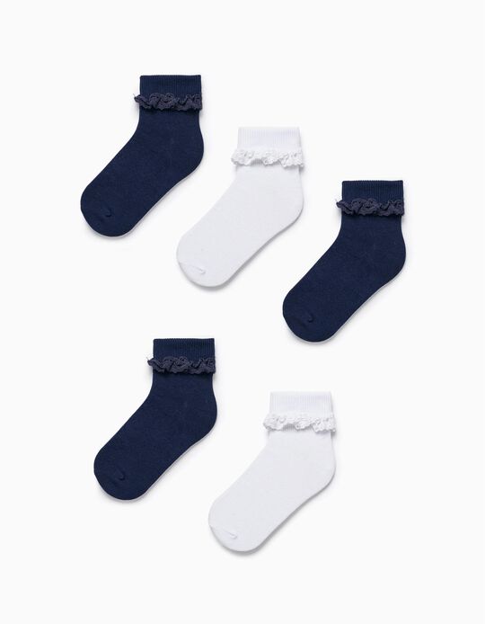 Pack 5 Pairs of Socks with Lace for Girls, White/Dark Blue