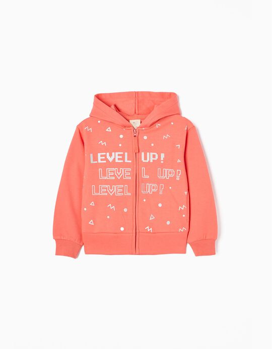 Hooded Brushed Jacket in Cotton for Girls 'Level Up', Coral