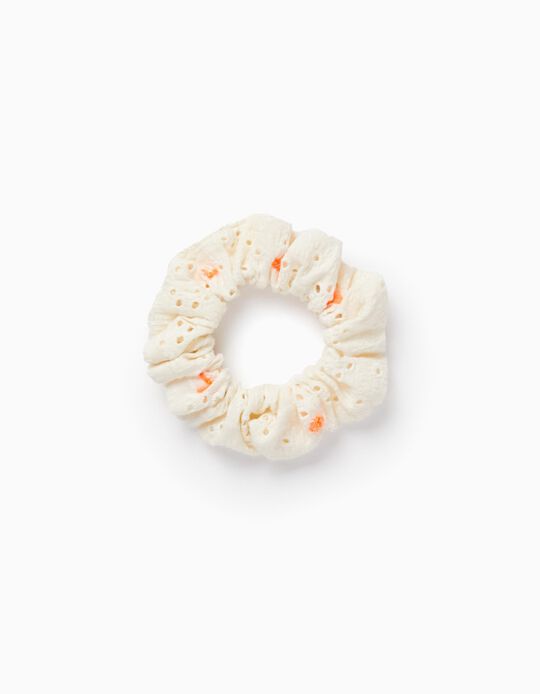 Elastic Scrunchie with English Embroidery for Baby and Girl, White/Orange