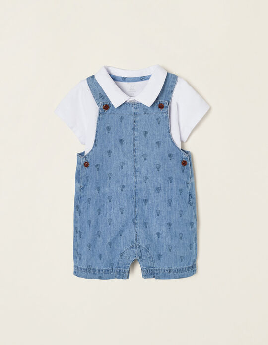 Denim Dungarees + T-shirt in Cotton for Newborn Babies, White/Blue