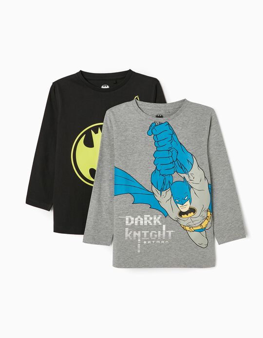 2 T-shirts de Manga Comprida em Algodão para Menino 'Batman', Preto/Cinza