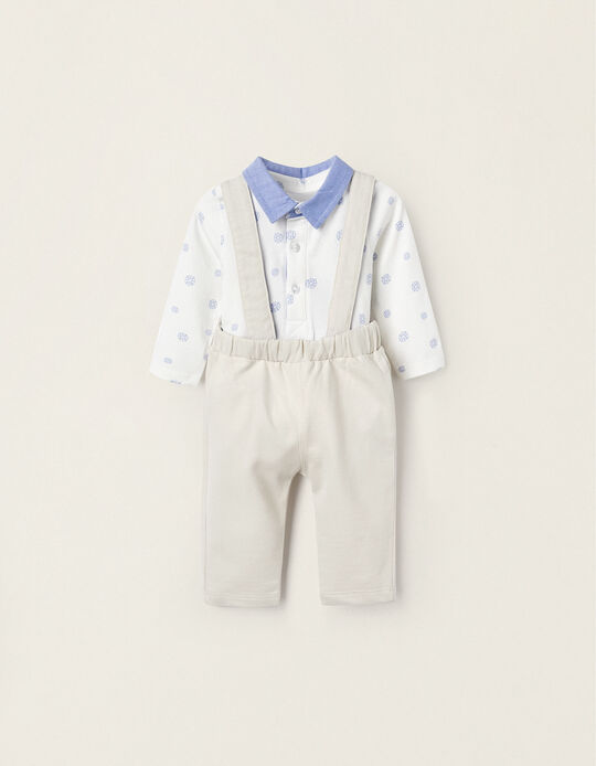 Bodysuit + Trousers with Removable Straps for Newborn Boys, White/Blue/Beige