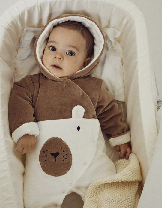 Velvet Quilted Onesie with Hood for Newborn Babies 'Teddy Bear', White/Camel
