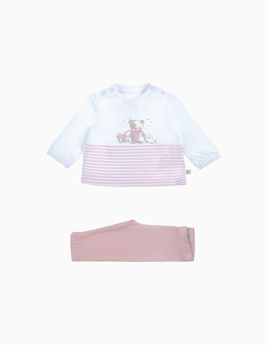 Conjunto de T-shirt + Calças para Recém-Nascida, Branco/Rosa