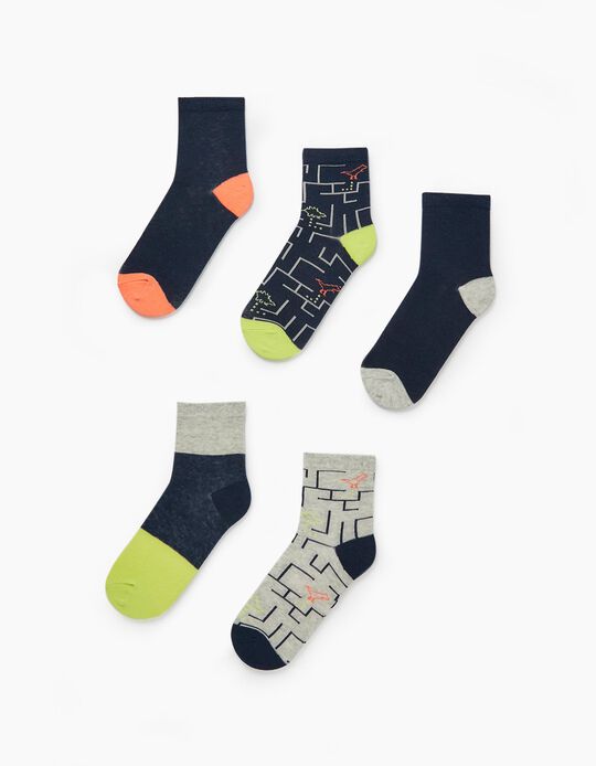 Pack of 5 Pairs of Socks for Boys 'Dinosaur', Dark Blue/Grey