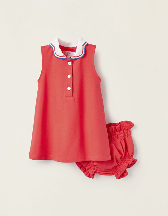 Dress + Bloomers in Piqué for Newborn Girls, Red