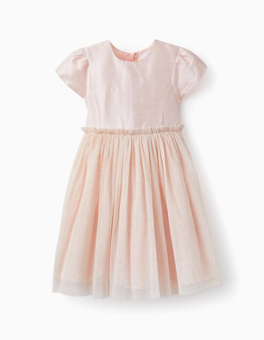 Dress with Tulle Skirt and Golden Glitter for Girls, Pink