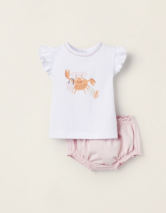 Camiseta + Pantalones Cortos para Recién Nacida 'Beach', Blanco/Rosa Claro