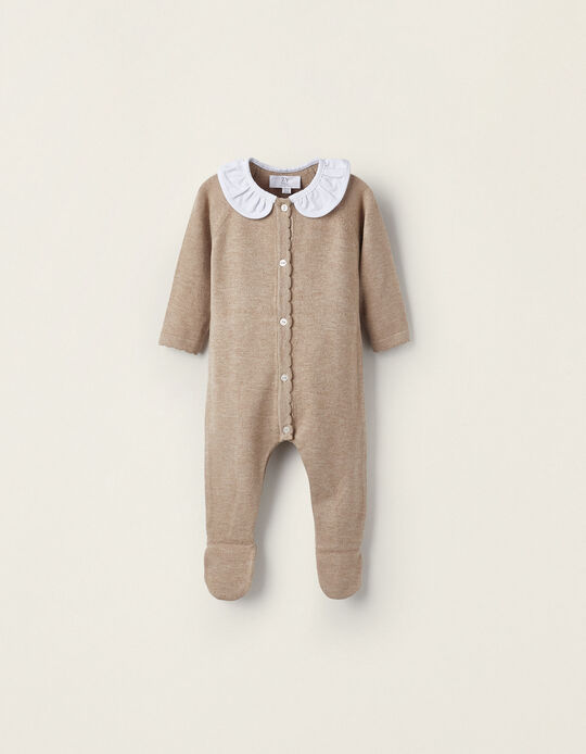 Cashmere Knitted Babygrow with Feet for Newborn Girls, Brown