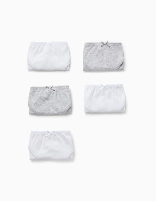 Pack of 5 Plain Cotton Briefs for Girls, White/Grey