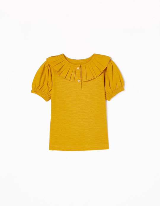 Cotton T-shirt with Pleated Collar for Baby Girls, Yellow