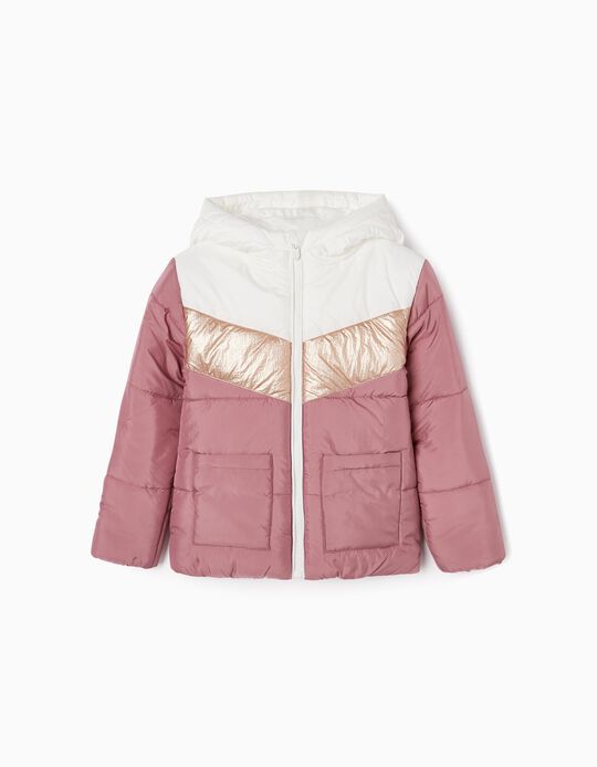 Padded Jacket with Colourblock for Girls, Pink/Gold/White