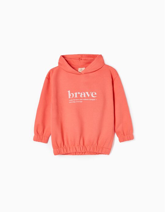 Brushed Cotton Sweatshirt with Hood for Girls 'Brave', Coral