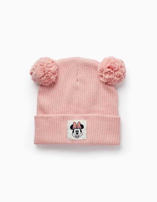 Knitted Cotton Beanie with Pompons for Girls 'Minnie', Light Pink