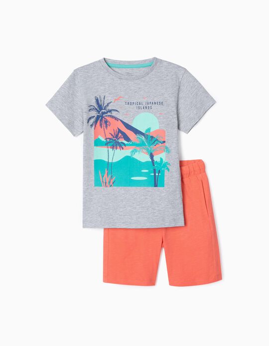 T-Shirt + Short Garçon 'Tropical Islands', Corail/Gris
