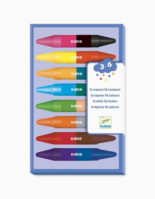 Acheter en ligne 8 Crayons de Cire à Deux Pointes (16 couleurs) Djeco 3A+