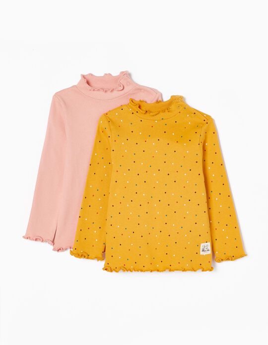 Pack 2 T-shirts Caneladas de Manga Comprida em Algodão para Bebé Menina, Amarelo/Rosa