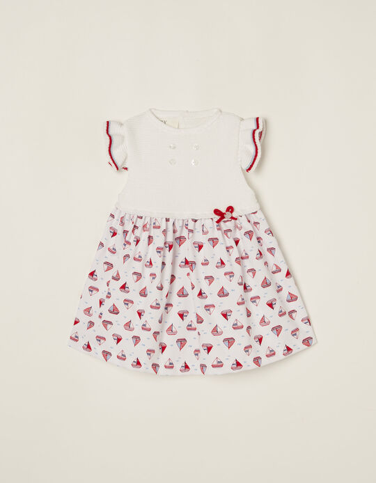 Dual Fabric Dress for Newborn Baby Girls, White/Red