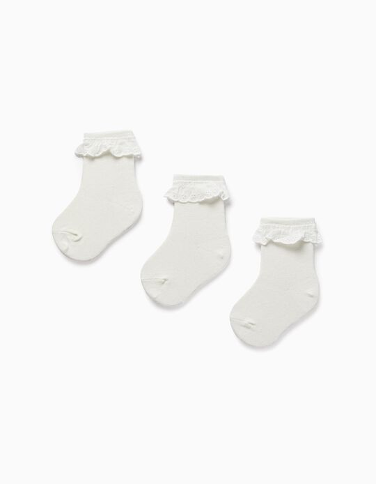 Pack of 3 Pairs of Socks with English Embroidery for Baby Girls, White
