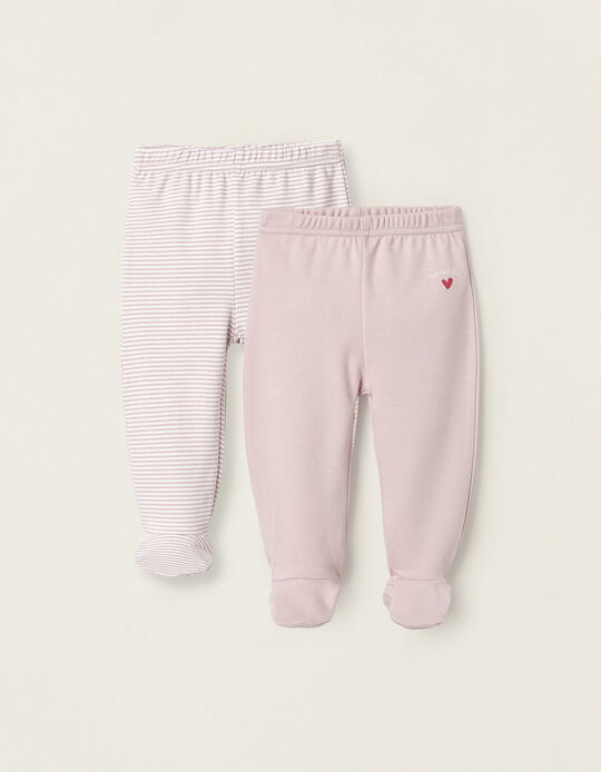 Comprar Online 2 Calças com Pés de Algodão para Bebé Menina 'Mum & Dad', Branco/Rosa