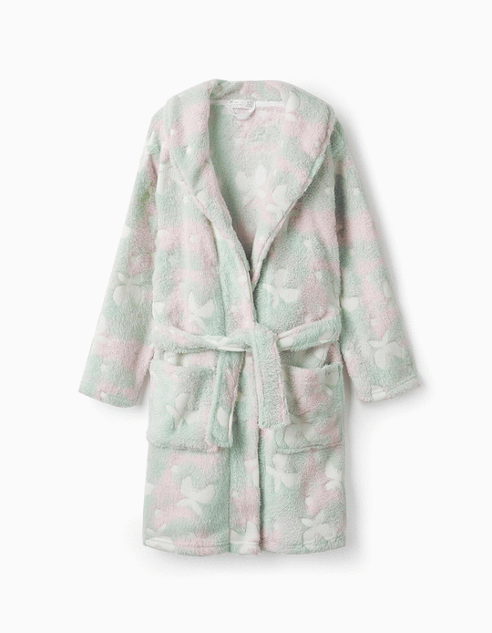 Coral Fleece Robe for Girls 'Stars and Butterflies', Pink/Green