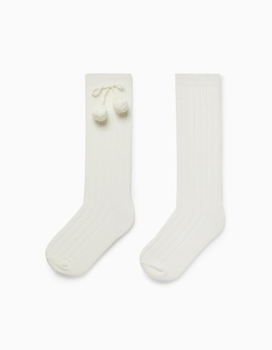 Cotton Knee-High Socks with Pom-Poms for Girls, White