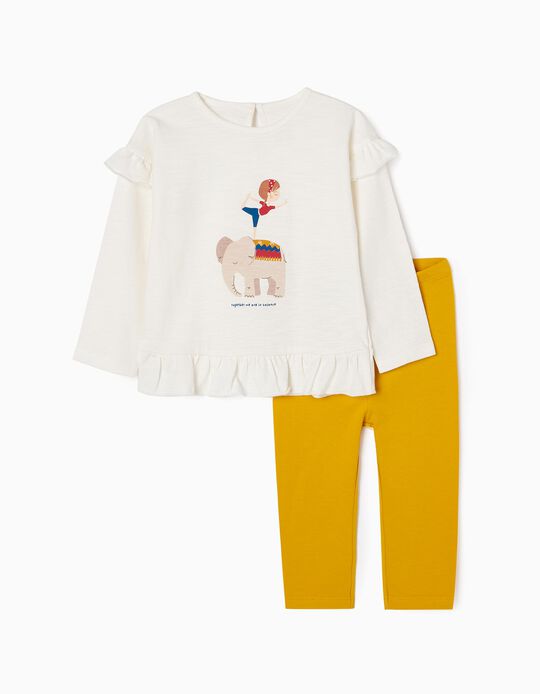 Conjunto T-shirt + Leggings de Algodão para Bebé Menina 'Elefante', Branco/Amarelo
