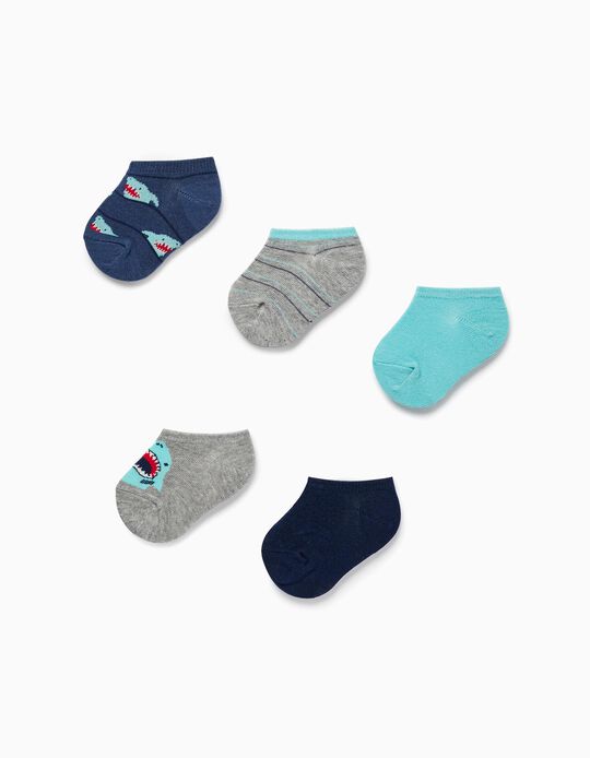 Pack of 5 Pairs of Socks for Baby Boys 'Sharks', Blue/Grey