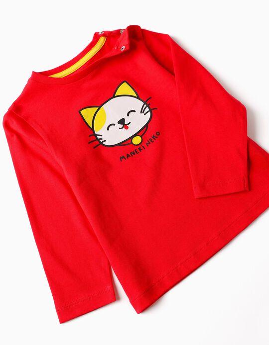 Camiseta de Manga Larga para Bebé Niño 'Maneki Neko', Roja