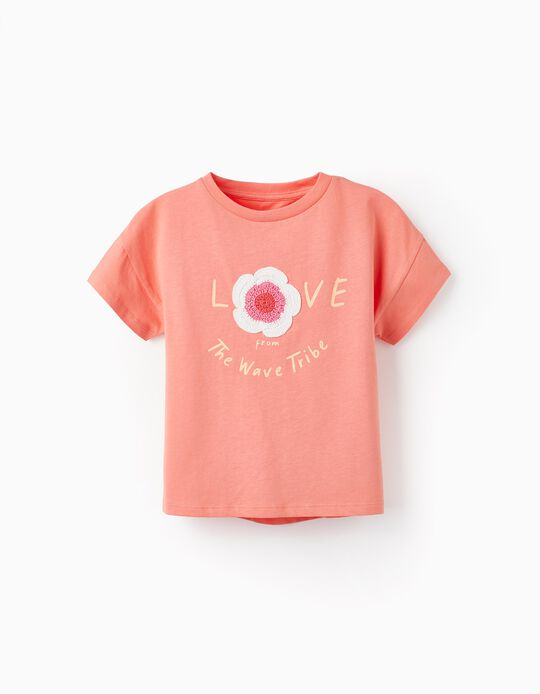 Camiseta de Manga Corta con Flor Bordada para Niña 'Love', Coral
