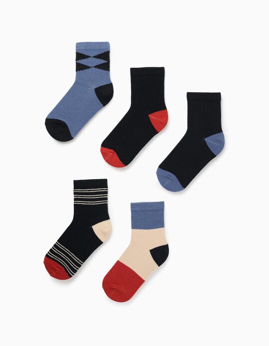 Buy Online Pack of 5 Pairs of Socks for Boys 'Stripes & Diamonds', Multicolour
