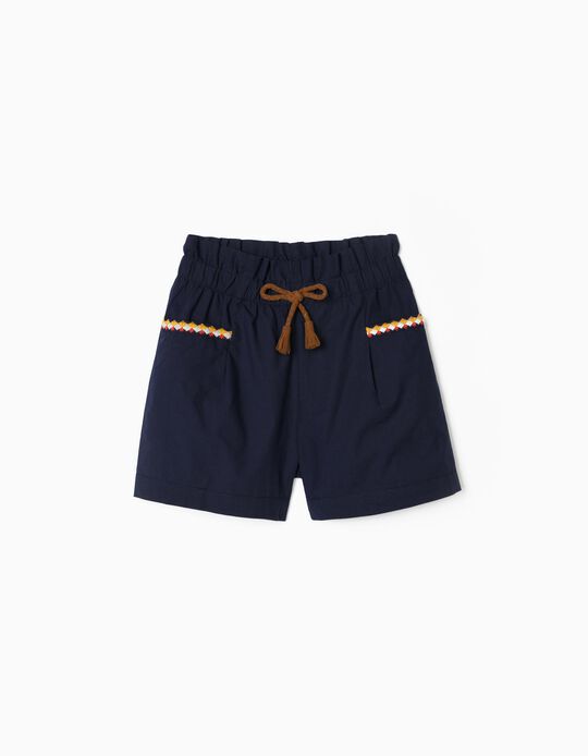 Shorts with Embroidery for Girls, Dark Blue