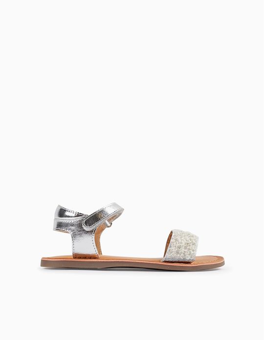 Leather Sandals with Sequins for Girls, White/Silver