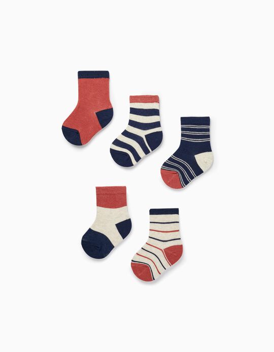 Pack of 5 Pairs of Socks for Baby Boys, Brown/Light Beige/Dark Blue
