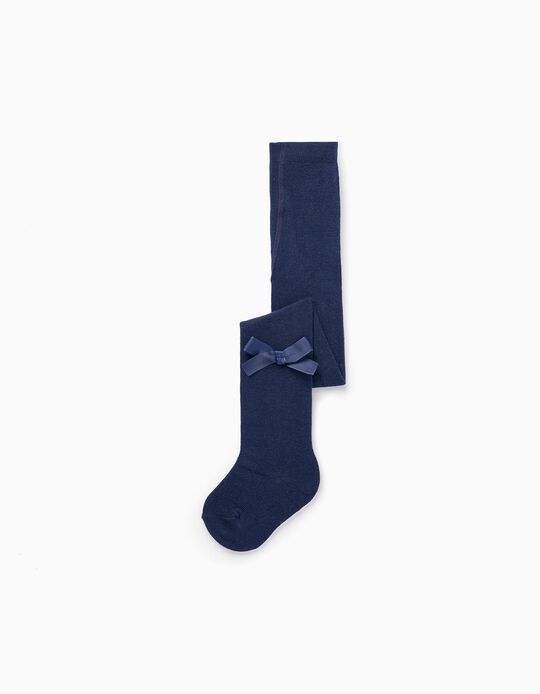 Cotton Knit Tights with Bow for Baby Girl, Dark Blue