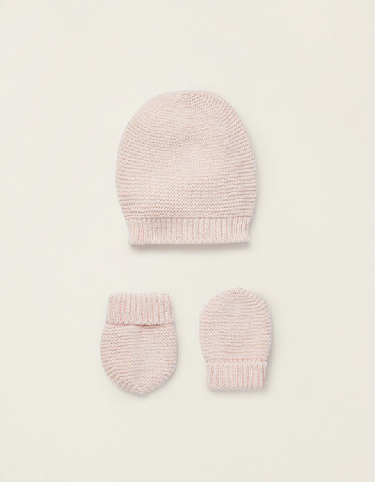 Cotton Beanie + Mittens for Newborn Baby Girls, Pink
