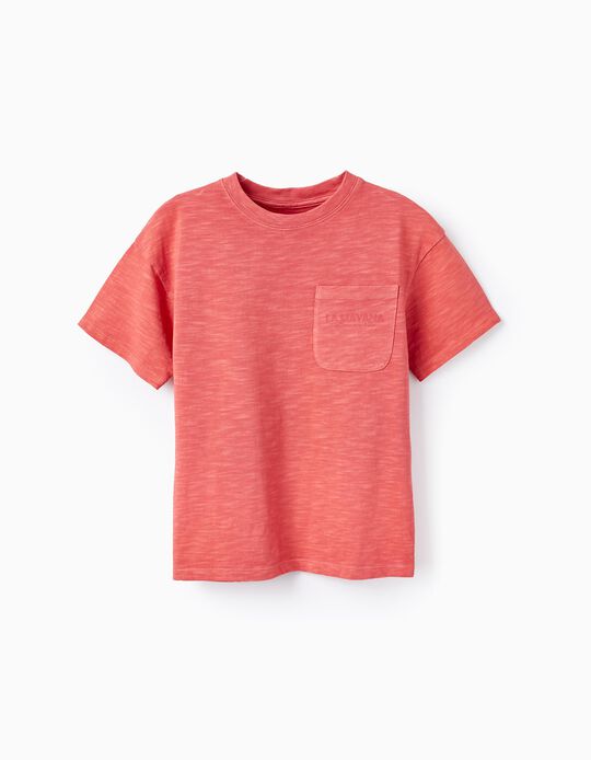 Cotton Jersey T-shirt with Pocket for Boys, Dark Coral