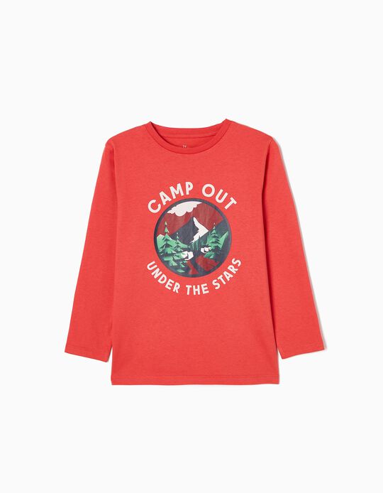 T-shirt à Manches Longues en Coton Fille 'Camp Out', Rouge