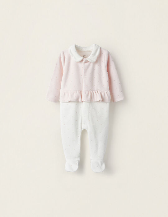Velvet Babygrow for Newborn, White/Pink