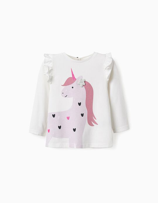 Comprar Online T-shirt de Algodão com Purpurinas para Bebé Menina 'Unicórnio', Branco