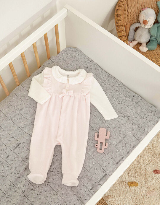 Velour Cotton Sleepsuit for Newborn Baby Girls, Pink/White 