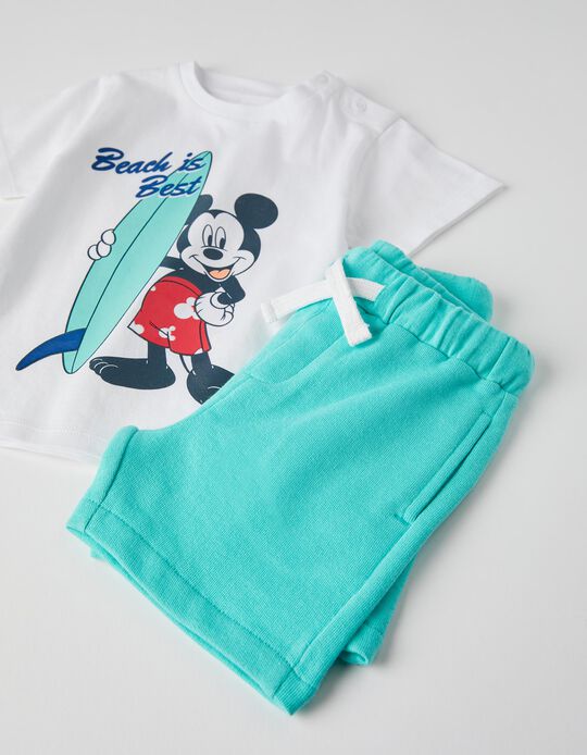 T-Shirt + Shorts for Baby Boys 'Mickey', White/Aqua Green
