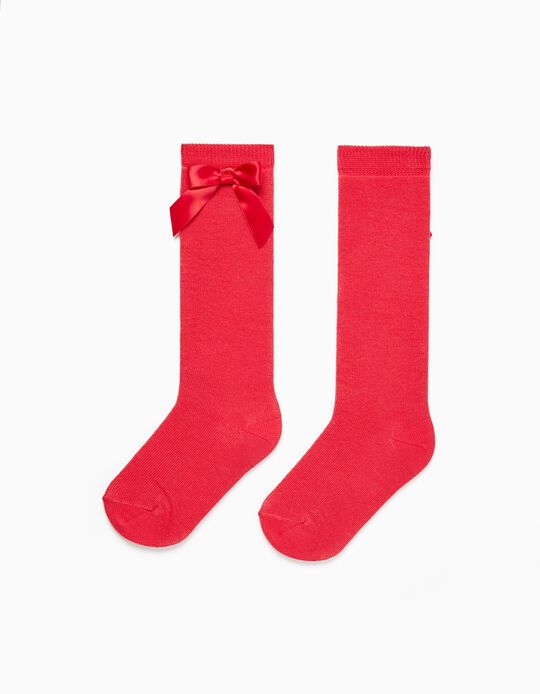 Knee-High Socks with Satin Bow for Girls, Red