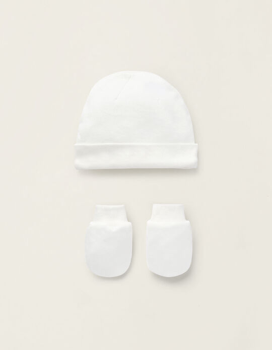 Newborns' Cotton Hat + Gloves, White
