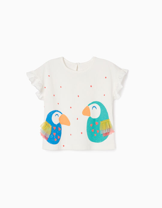 T-shirt de Algodão para Bebé Menina 'Papagaio', Branco